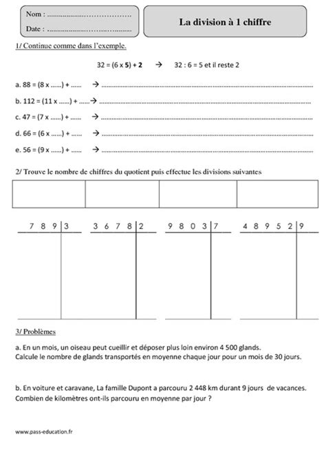 Division à 1 chiffre Cm2 Exercices à imprimer Pass Education