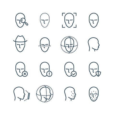 Iconos de línea de reconocimiento facial detección biométrica de caras