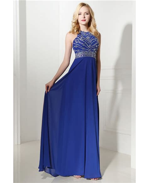 Royal Blue Long Halter Evening Dress Chiffon With Beading Top Bd28843