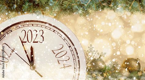 Clock counting last moments to New 2023 Year, beautiful fir branches and festive decor, banner ...