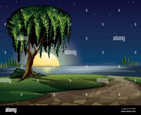 illustration of a green landscape and lake in night Stock Vector Image ...