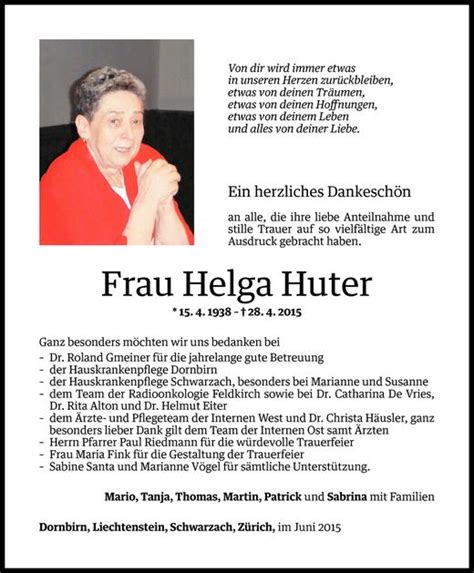 Todesanzeigen Von Helga Huter Todesanzeigen Vorarlberger Nachrichten