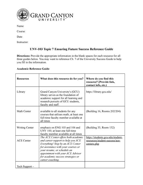 Unv T Reference Guide Name Course Date Instructor Topic