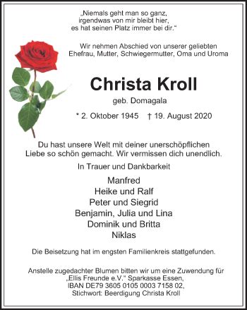 Traueranzeigen Von Christa Kroll Trauer In Nrw De