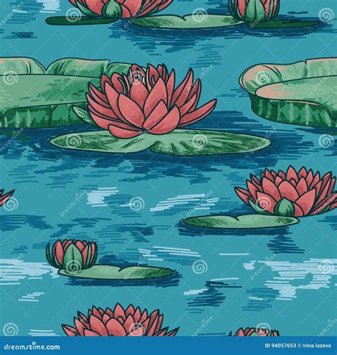 Seamless Pattern With Water Lilies In Water Stock Vector Illustration