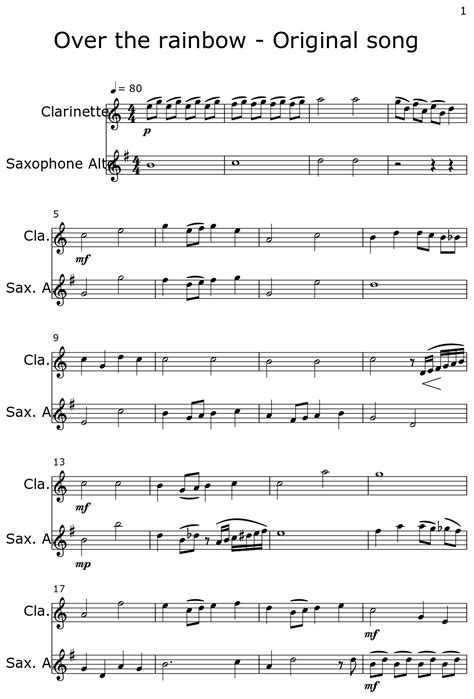 Over The Rainbow Original Song Sheet Music For Clarinet Alto Saxophone