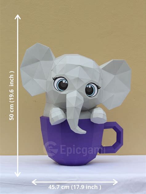 Papercraft 3d Cute Elephant In Cup Low Poly Papercraft Diy Etsy