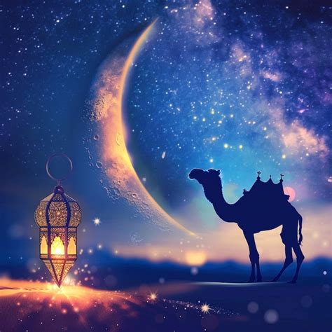 Eid Al Adha Fundo Crescente Pequena Lua E Camelo L Mpada De