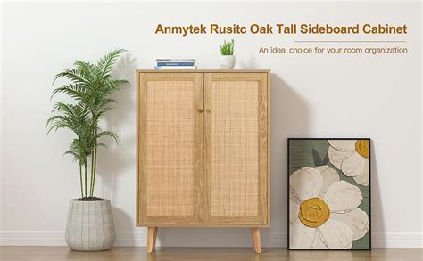 Anmytek Rattan Cabinet 44 H Tall Sideboard Storage Cabinet With Crafted Rattan Front Entryway