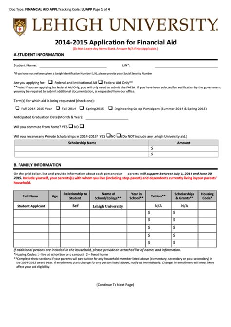 Application For Financial Aid Printable Pdf Download