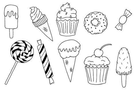 Premium Vector Hand Drawn Sweets And Candies Set Ice Cream Cake Donut