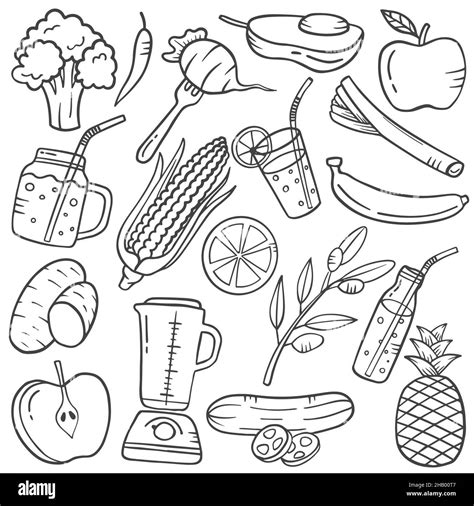 Vegetarian Doodle Hand Drawn Set Collections With Outline Black And