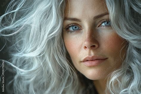 Mature Women With Long Gray Hair Smiling Elegantly Against A Light