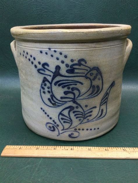 Antique Cobalt Blue Decorated Stoneware Crock 6 58 Tall Ebay