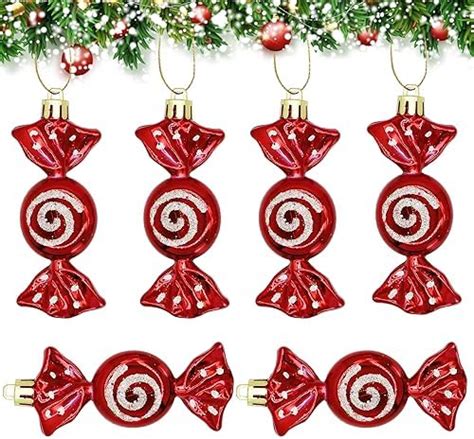 Christmas Candy Ornaments 6 Pieces Christmas Tree Candy Hanging Decorations Red Glitter Candy