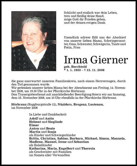 Todesanzeigen Von Irma Gierner Todesanzeigen Vorarlberger Nachrichten