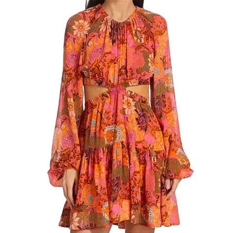 A L C Dresses Alc Izzy Fit Flare Silk Cutout Floral Mini Dress