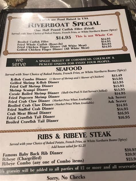 Menu at Top O' the River restaurant, Anniston