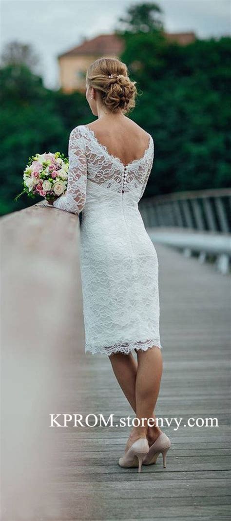 Knee Length Simple White Ivory Wedding Dress Long Sleeves Lace Wedding