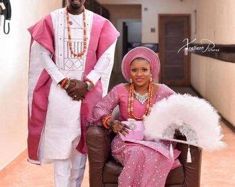 Rose Gold Damask Asooke African Couple Outfit African Wedding Suit