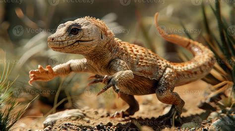 A detailed close-up of a lizard-like creature exploring a vibrant