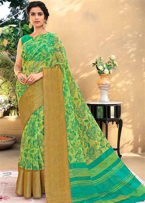 Green Chanderi Silk Cotton Saree Features Printed Floral Patterns All