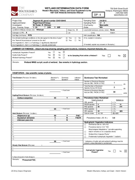 Fillable Online Data Form Routine Wetland Determination Fax Email