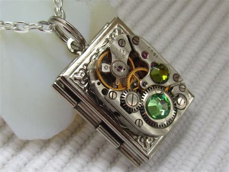 Steampunk Book Locket Necklace Watch Movement Swarovski Etsy