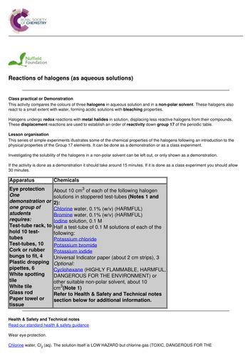 Reactions of Halogens | Teaching Resources