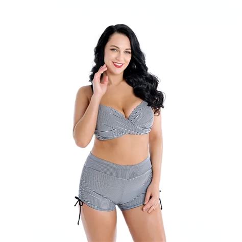 Plus Size Stripe Two Piece Tankini Shorts Sexy Women Swimsuit Bikini Set Garments And