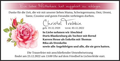 Traueranzeigen Von Christel Trebbin M Rkische Onlinezeitung Trauerportal