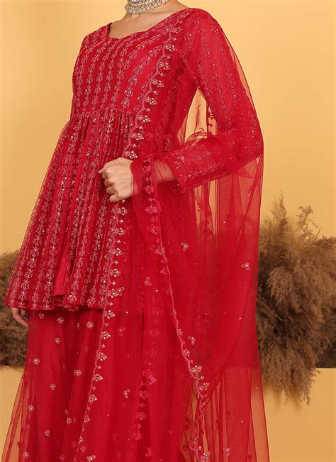 Shop Red Net Embroidered Palazzo Suit Wedding Wear Online At Best Price