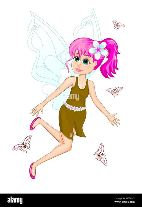 Fairy With Pink Hair Cartoon Fairy In Dress And With Flower In Hair On