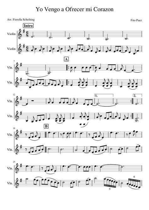 Yo Vengo A Ofrecer Mi Corazon Dueto Sheet Music For Violin String Duet