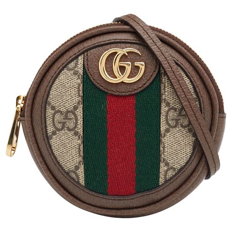 Gucci Beige Brown Gg Supreme Canvas And Leather Ophidia Round Coin Case