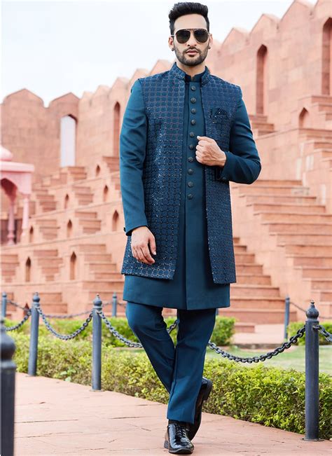 Buy Indian Ethnic Clothing Mehendi Teal Men Sherwanis