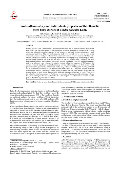 Pdf Anti Inflammatory And Antioxidants Properties Of The Ethanolic