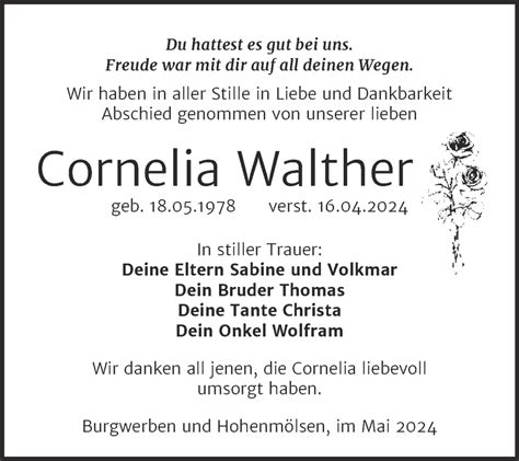 Traueranzeigen Von Cornelia Walther Abschied Nehmen De