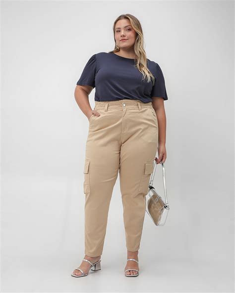 Cal A Jeans Color Plus Size Feminina Mom Cargo Bege Ak Plus By