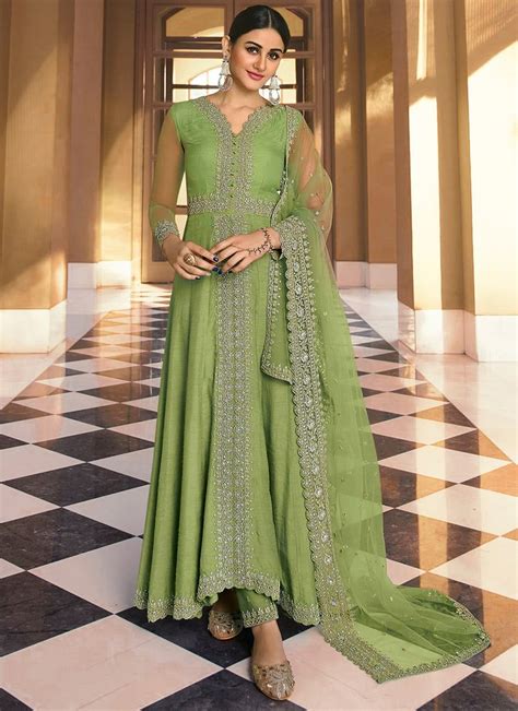 Buy Green Banarasi Art Silk Embroidered N Stones Anarkali Suit Wedding