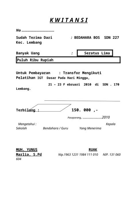 Doc Kwitansi Transfor Pelatihan Igt Dasar Dokumen Tips