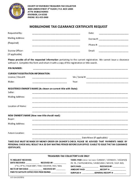 Fillable Online Manufactured Home Tax Clearance Certificate Request Form Pdf Fax Email Print