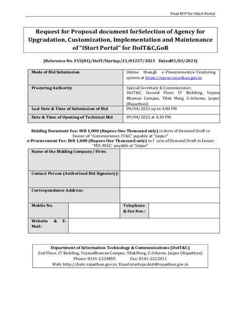 Fillable Online Risl Rajasthan Gov Final Rfp For Istart Portal Risl