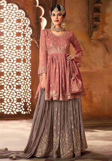 Buy Onion Pink And Grey Georgette Wedding Lehenga In Uk Usa And Canada