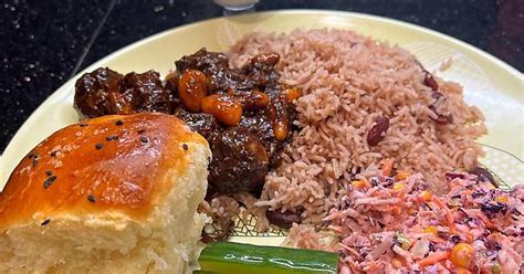 Jamaican Sunday Dinner Of Oxtails Rice And Peas Scratchmade Dinner Rolls Home Made Pickles