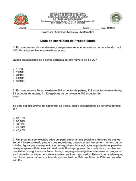 Exercicio De Probabilidade Pdf - Lista de Exercícios de Probabilidade | PDF