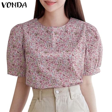 Vonda Women Korean Round Neck Puff Sleeves Short Sleeve Floral Blouse