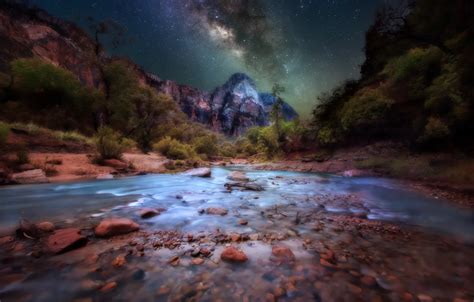 Wallpaper Stars Night River Stones Rocks The Milky Way Zion