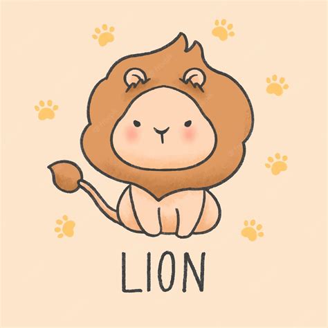 Estilo de dibujos animados lindo león dibujado a mano Vector Premium