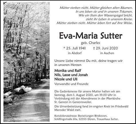 Traueranzeigen Von Eva Maria Sutter Aachen Gedenkt